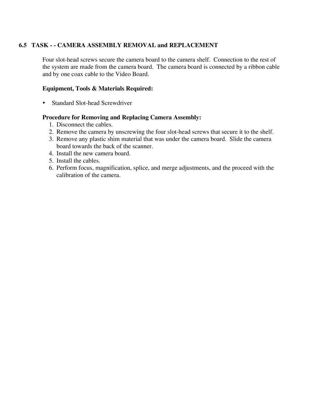 IBM CF Series manual Task - Camera Assembly Removal and Replacement, Procedure for Removing and Replacing Camera Assembly 