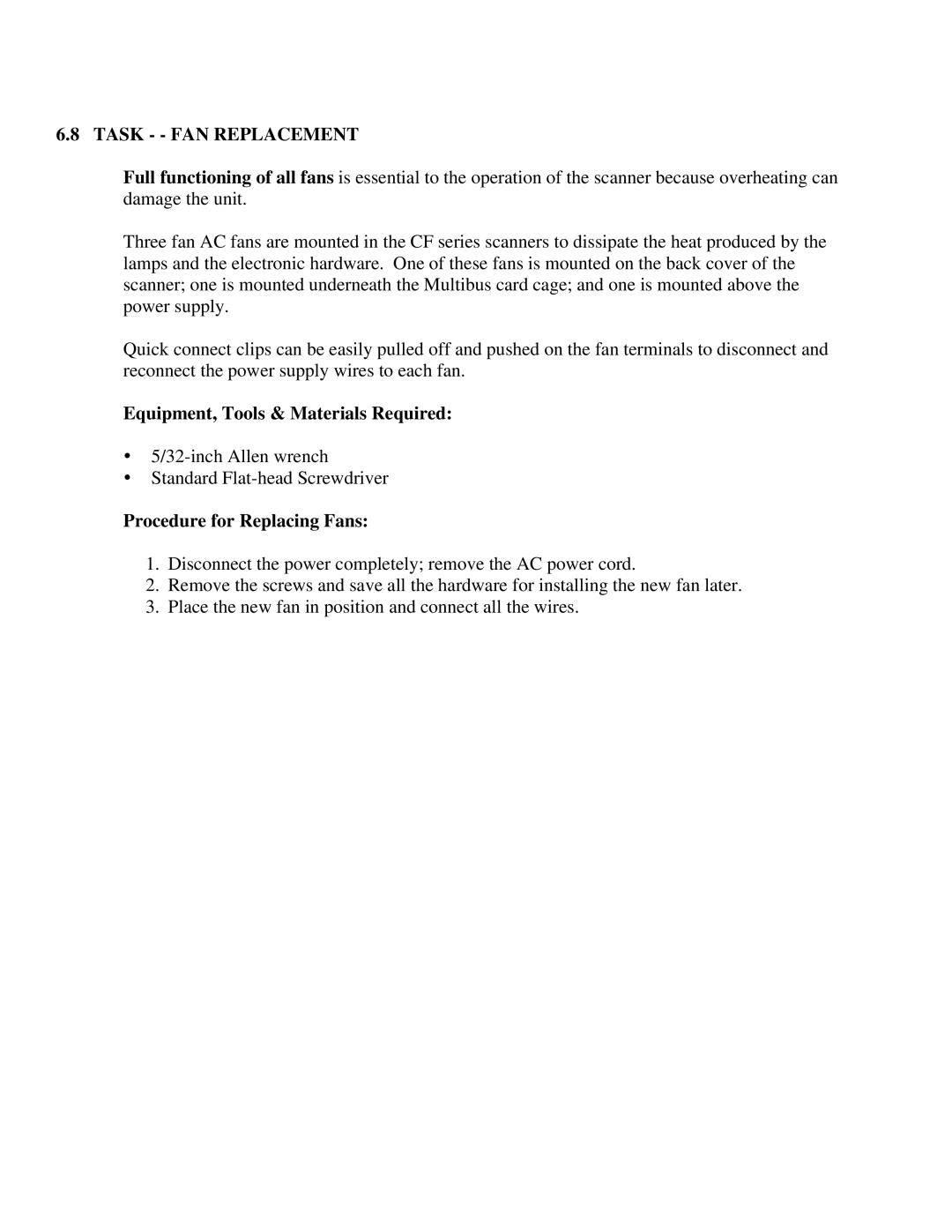 IBM CF Series manual Task - FAN Replacement, Procedure for Replacing Fans 