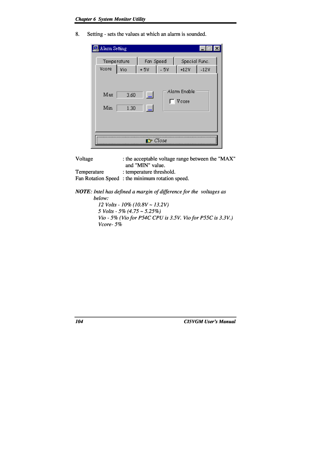 IBM CI5VGM Series user manual Volts - 10% 10.8V ~ 5 Volts - 5% 4.75 ~ 5.25%, System Monitor Utility, CI5VGM User’s Manual 