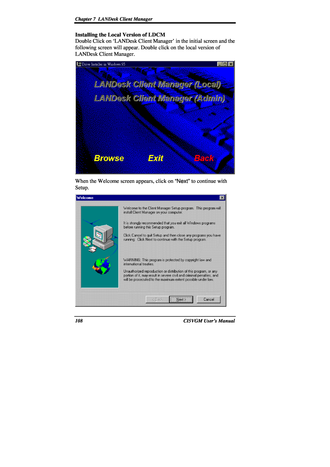 IBM CI5VGM Series user manual Installing the Local Version of LDCM 
