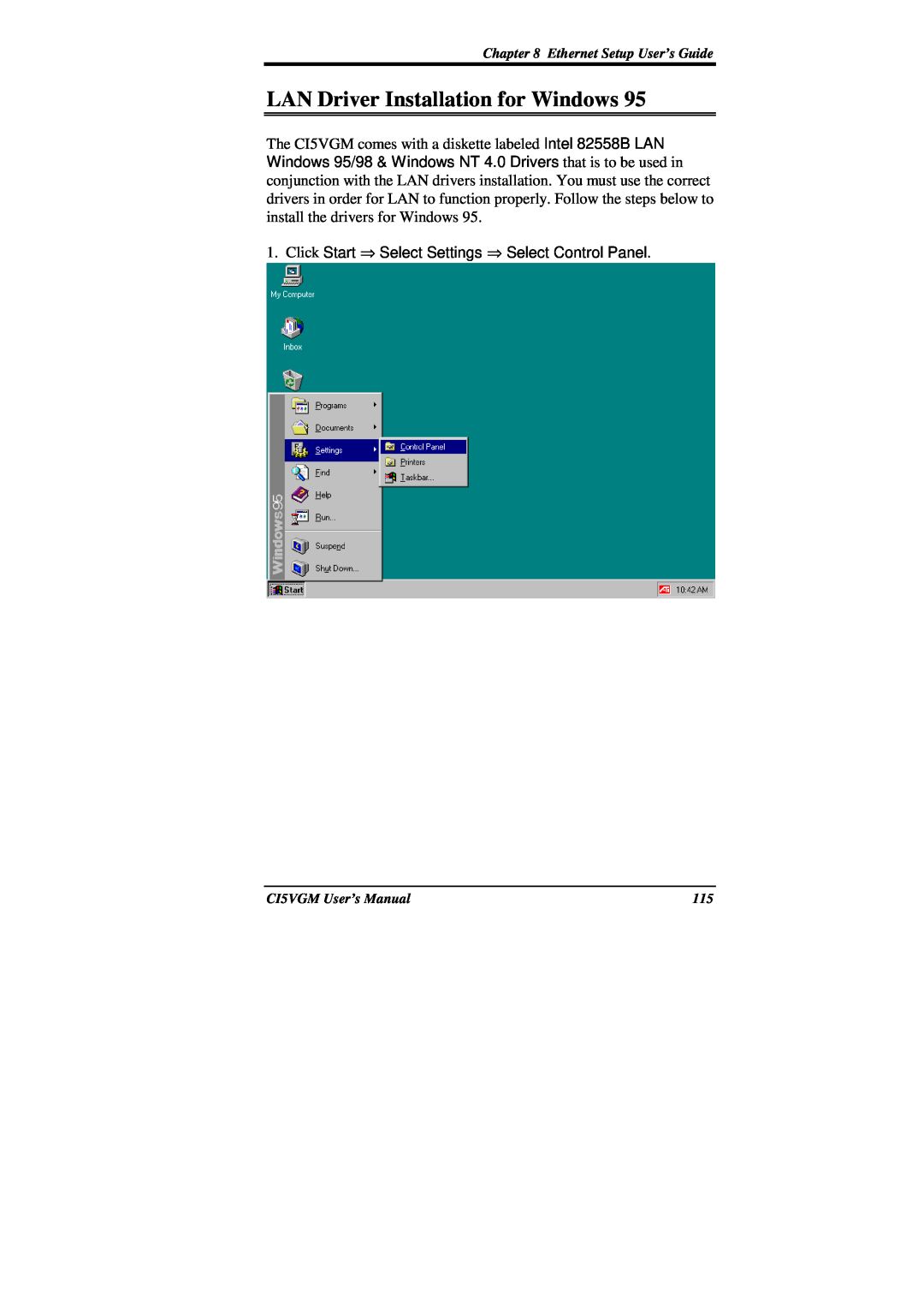 IBM CI5VGM Series user manual LAN Driver Installation for Windows, Click Start ⇒ Select Settings ⇒ Select Control Panel 