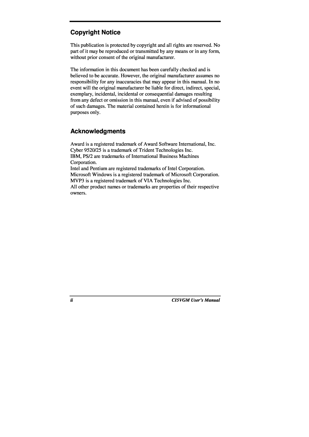 IBM CI5VGM Series user manual Copyright Notice, Acknowledgments, CI5VGM User’s Manual 