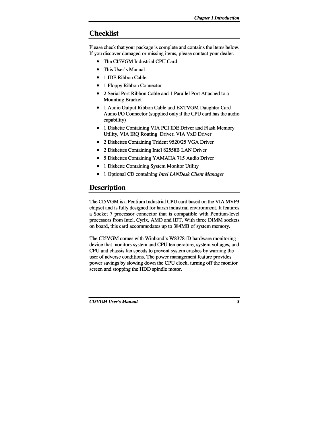 IBM CI5VGM Series user manual Checklist, Description, Optional CD containing Intel LANDesk Client Manager 
