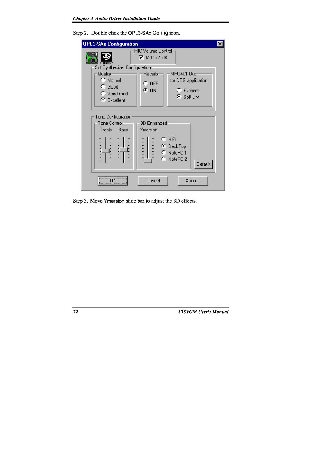 IBM CI5VGM Series user manual Double click the OPL3-SAx Config icon, Move Ymersion slide bar to adjust the 3D effects 