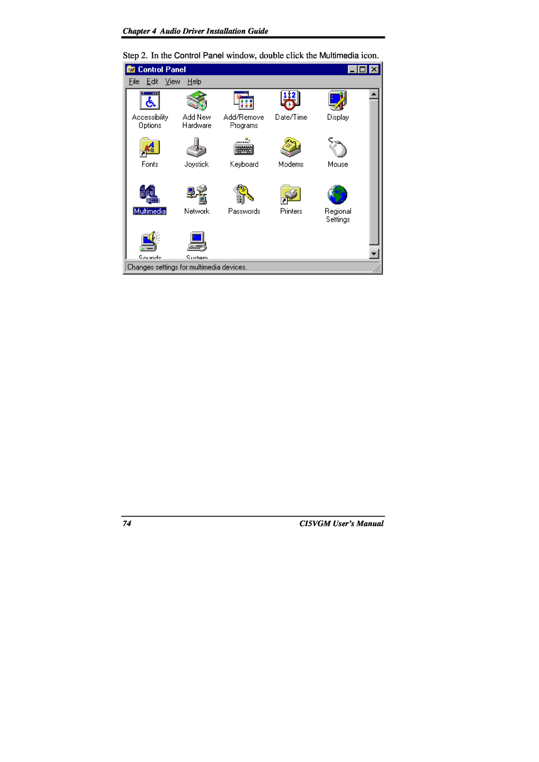 IBM CI5VGM Series In the Control Panel window, double click the Multimedia icon, Audio Driver Installation Guide 