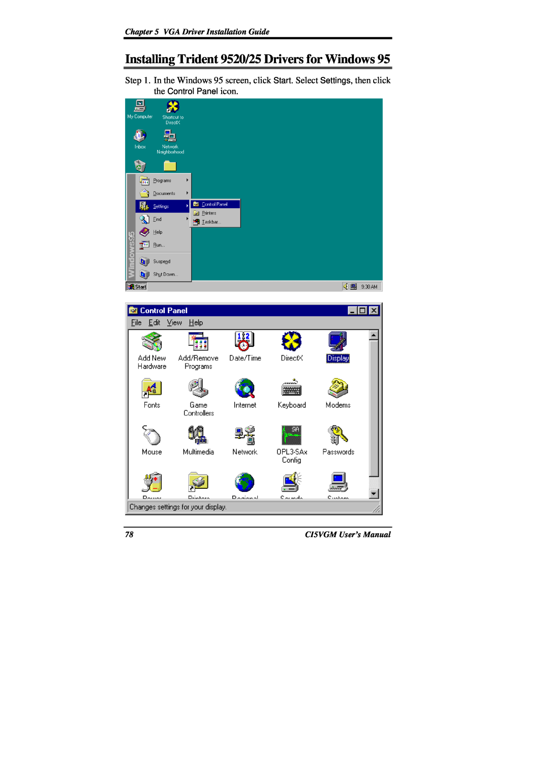 IBM CI5VGM Series Installing Trident 9520/25 Drivers for Windows, VGA Driver Installation Guide, CI5VGM User’s Manual 