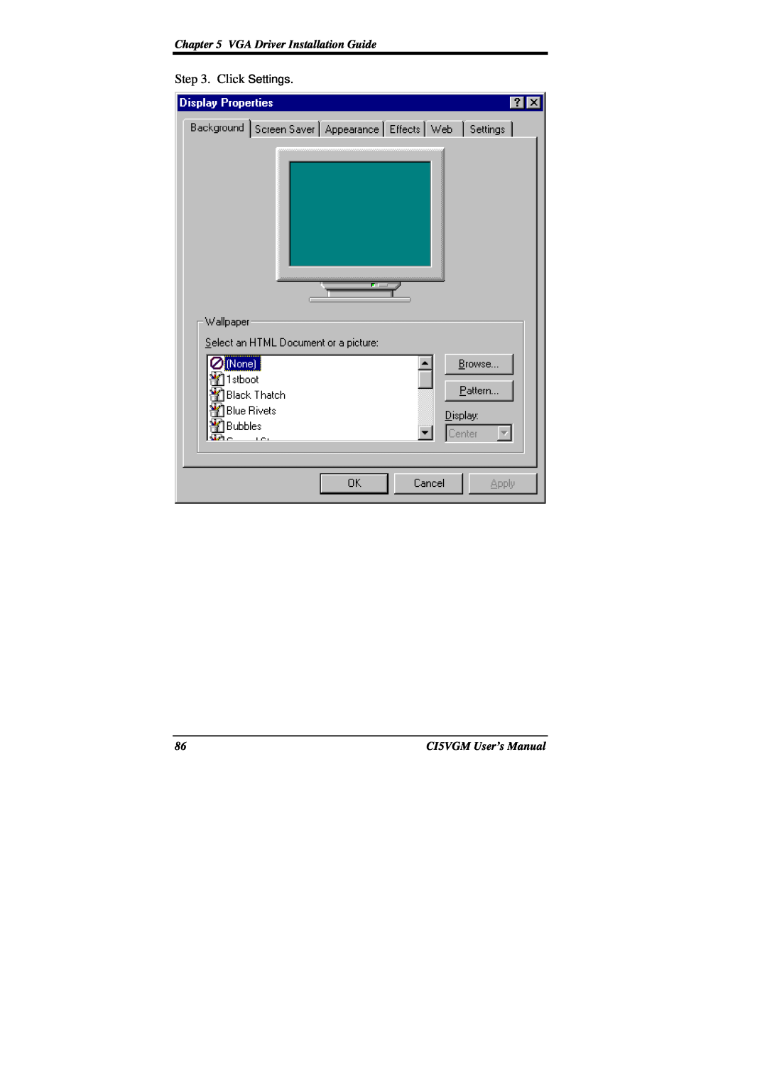IBM CI5VGM Series user manual Click Settings, VGA Driver Installation Guide, CI5VGM User’s Manual 