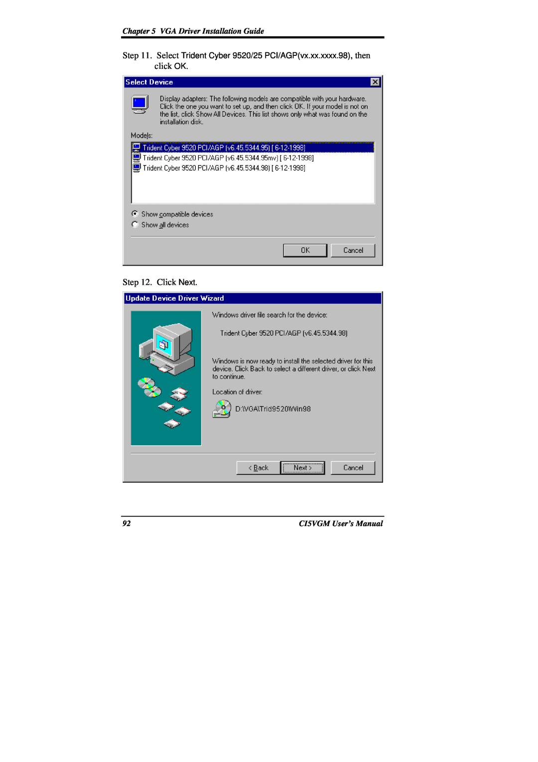 IBM CI5VGM Series user manual Click Next, VGA Driver Installation Guide, CI5VGM User’s Manual 