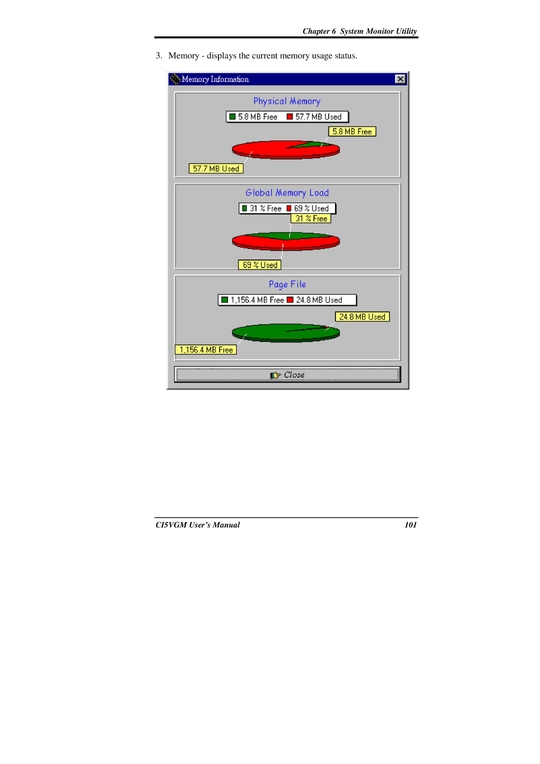 IBM CI5VGM Series user manual Memory displays the current memory usage status 