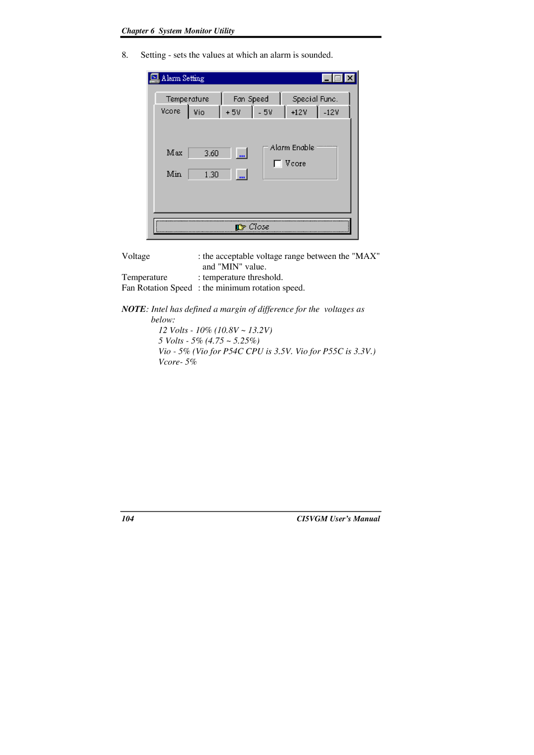 IBM CI5VGM Series user manual Setting sets the values at which an alarm is sounded Voltage 