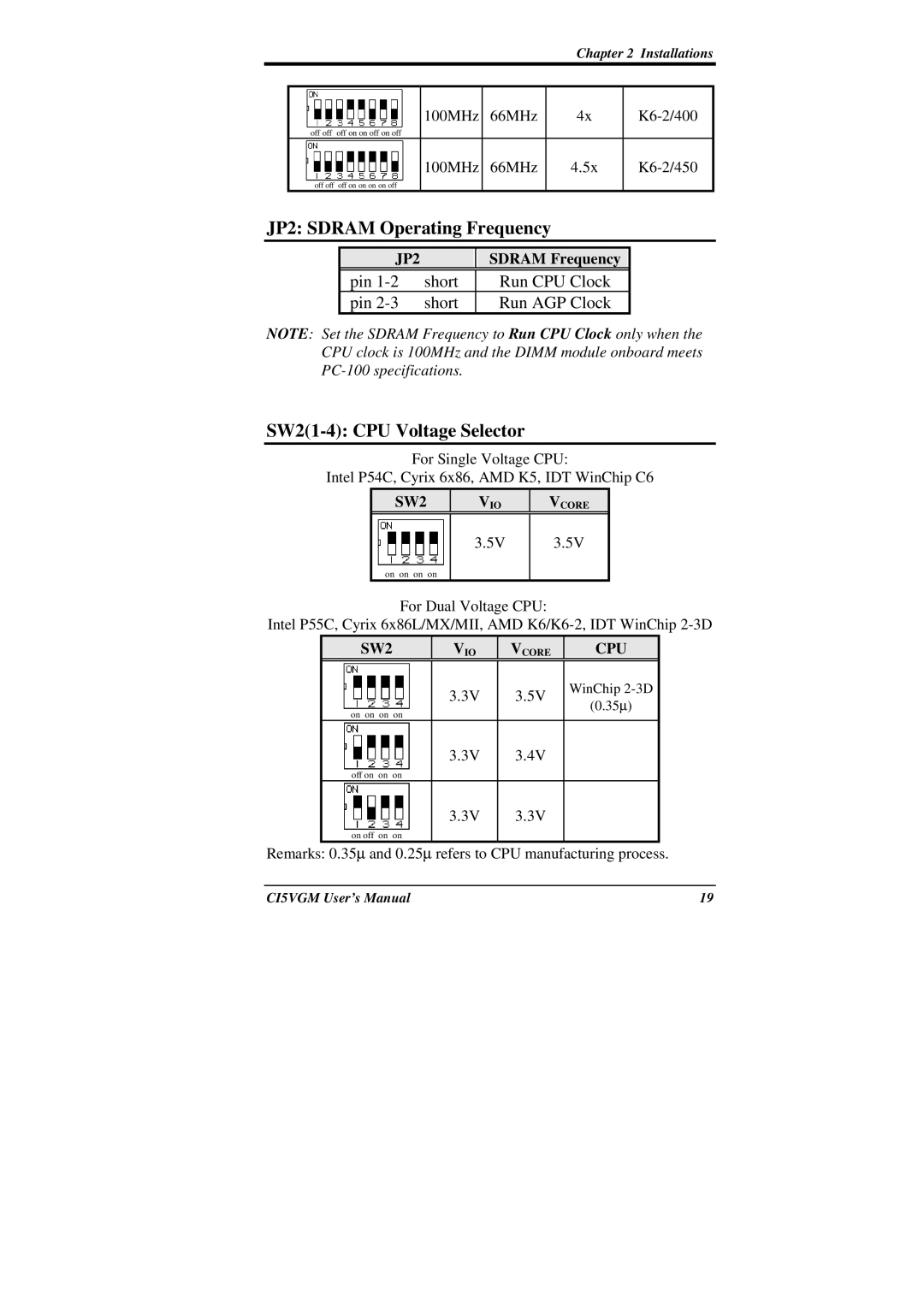 IBM CI5VGM Series user manual JP2 Sdram Operating Frequency, SW21-4 CPU Voltage Selector, Sdram Frequency 