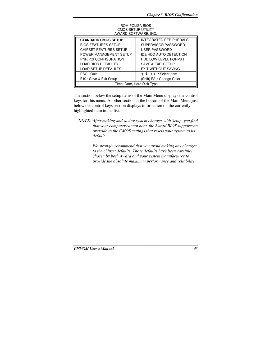 IBM CI5VGM Series user manual Standard Cmos Setup 