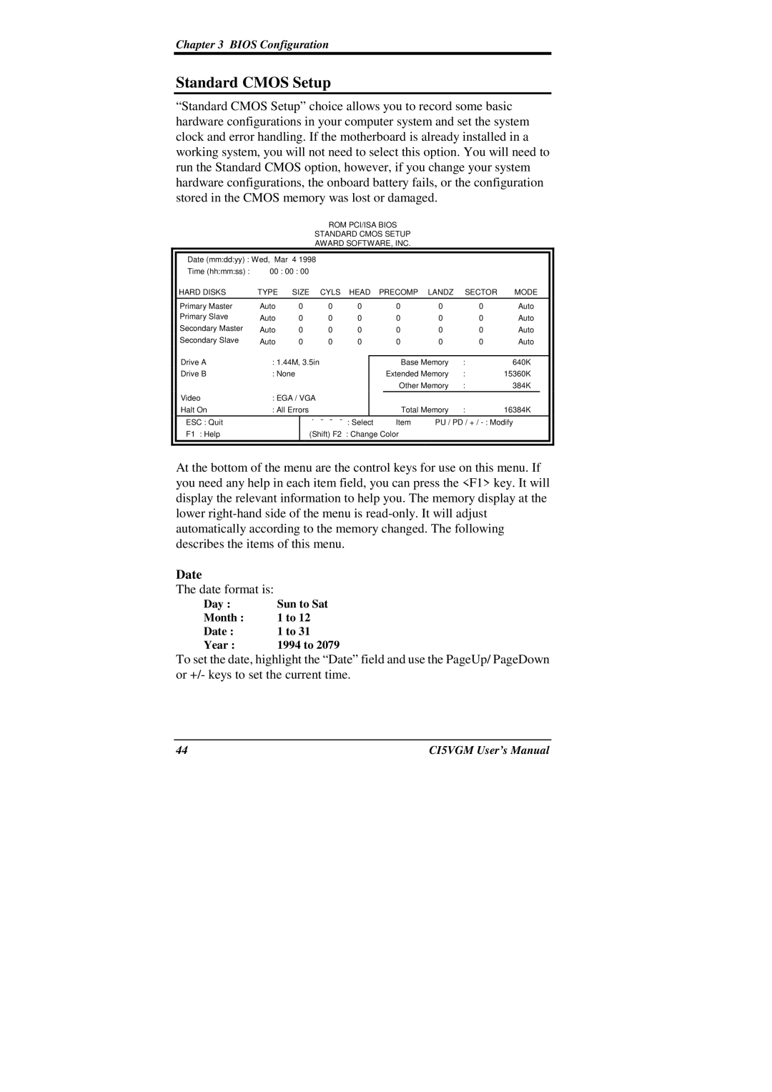 IBM CI5VGM Series user manual Standard Cmos Setup, Date 