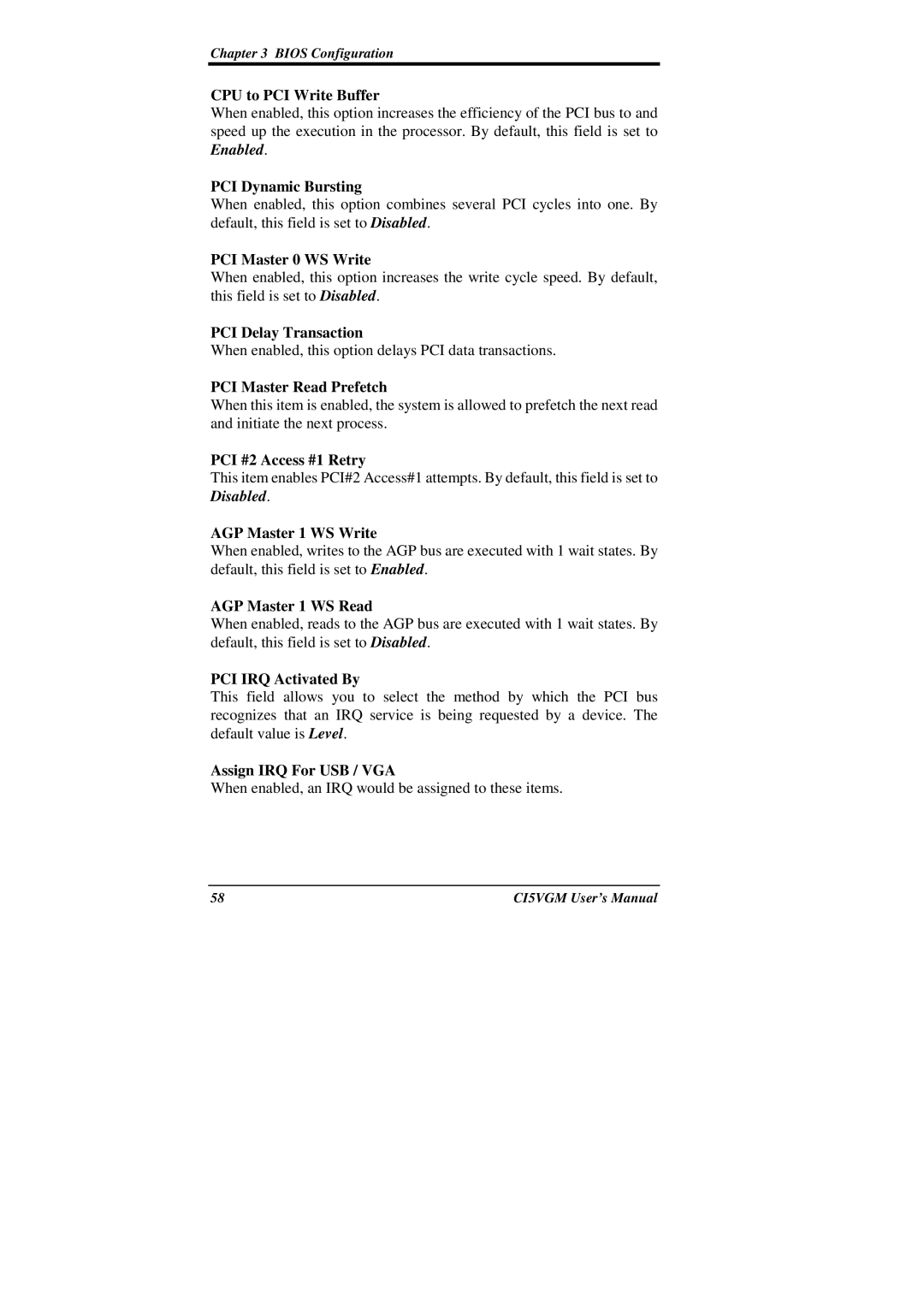 IBM CI5VGM Series user manual CPU to PCI Write Buffer, PCI Dynamic Bursting, PCI Master 0 WS Write, PCI Delay Transaction 