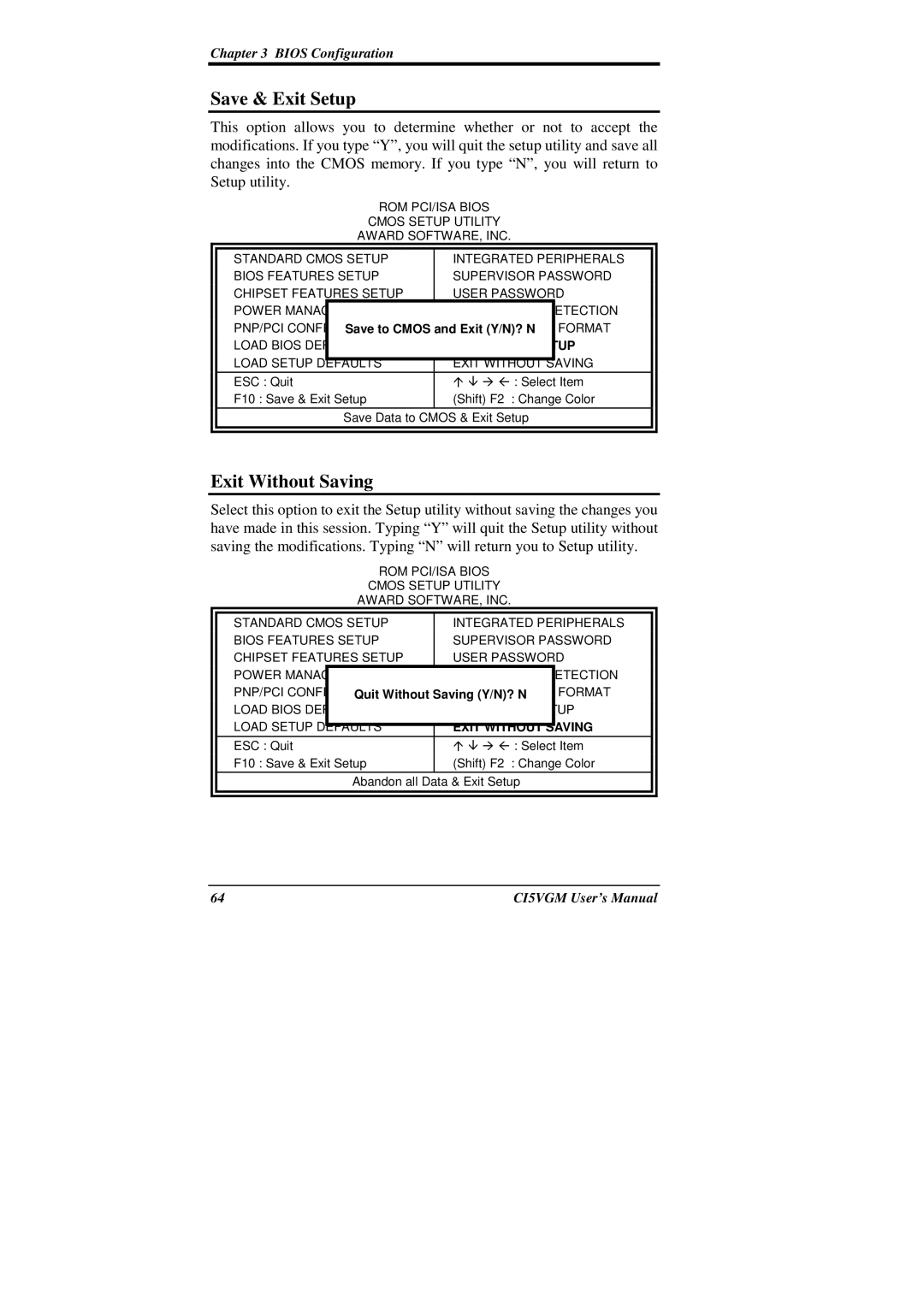 IBM CI5VGM Series user manual Save & Exit Setup, Exit Without Saving 