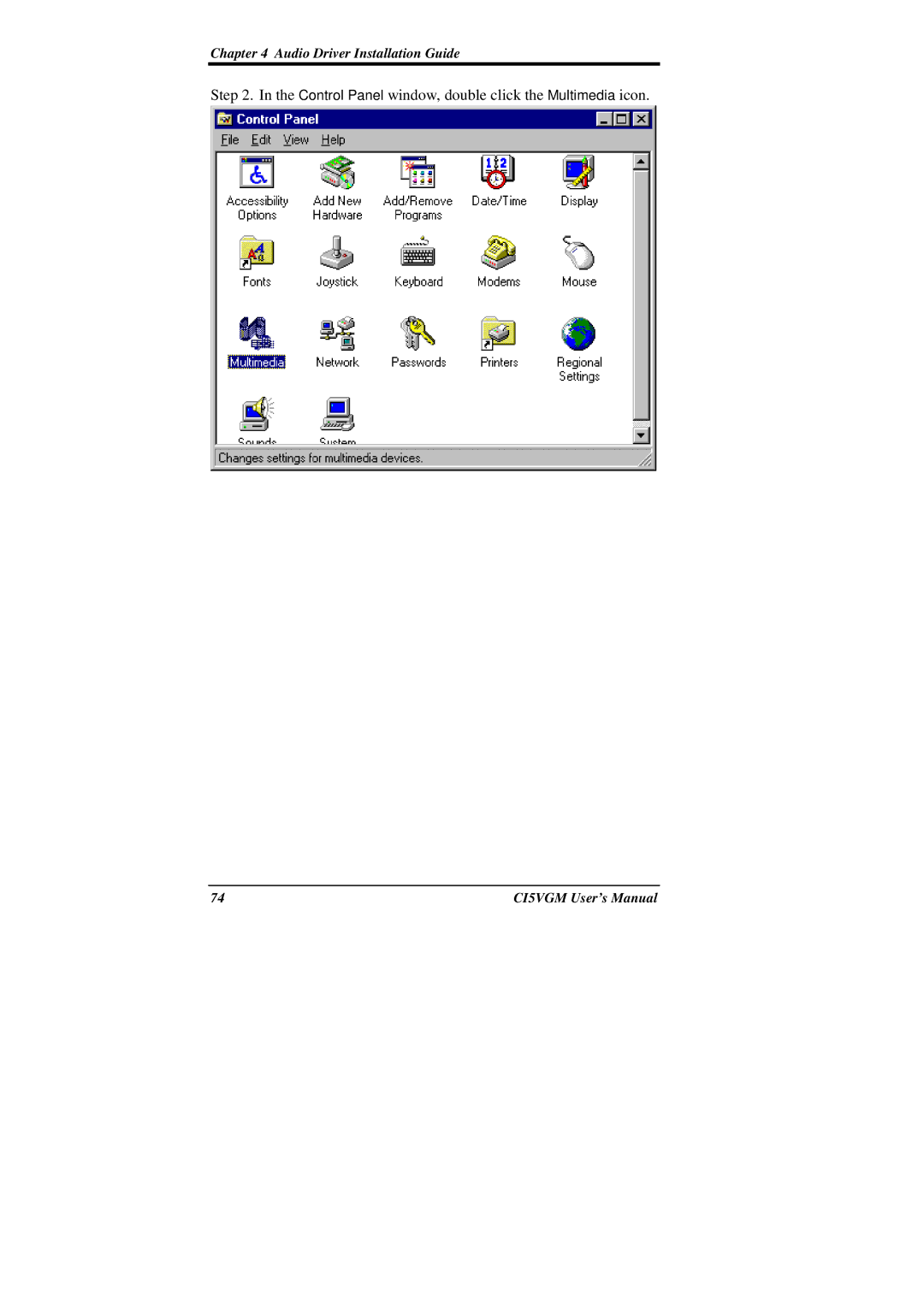 IBM CI5VGM Series user manual Control Panel window, double click the Multimedia icon 