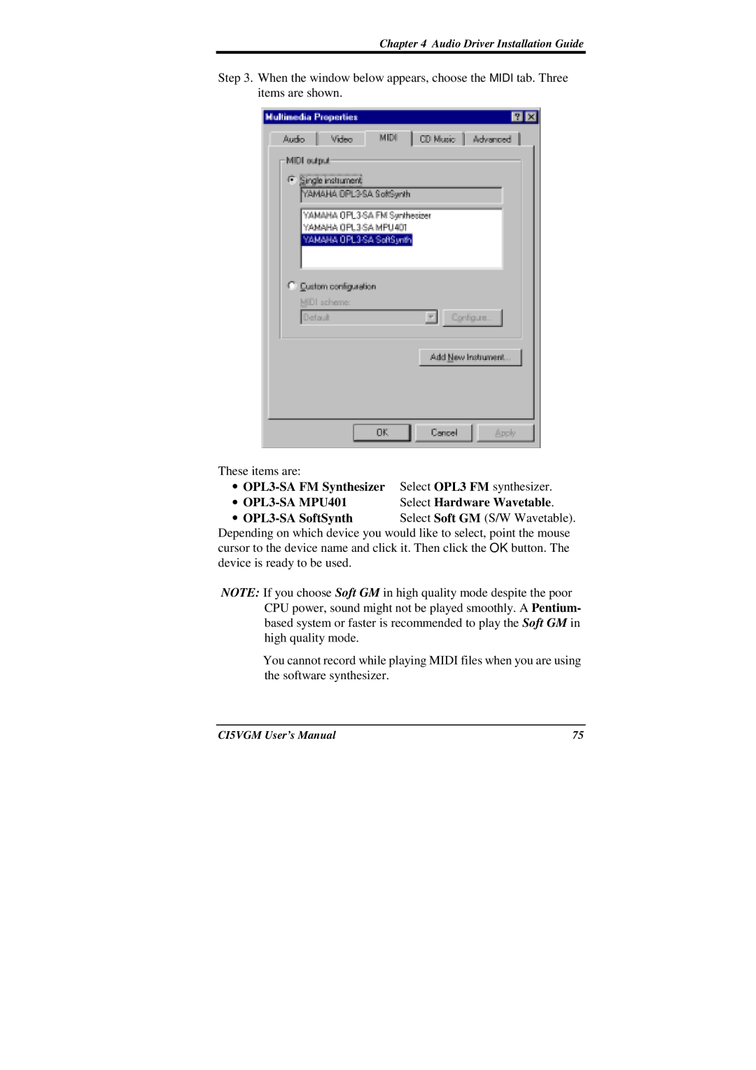 IBM CI5VGM Series user manual OPL3-SA FM Synthesizer, Select Hardware Wavetable, OPL3-SA SoftSynth 