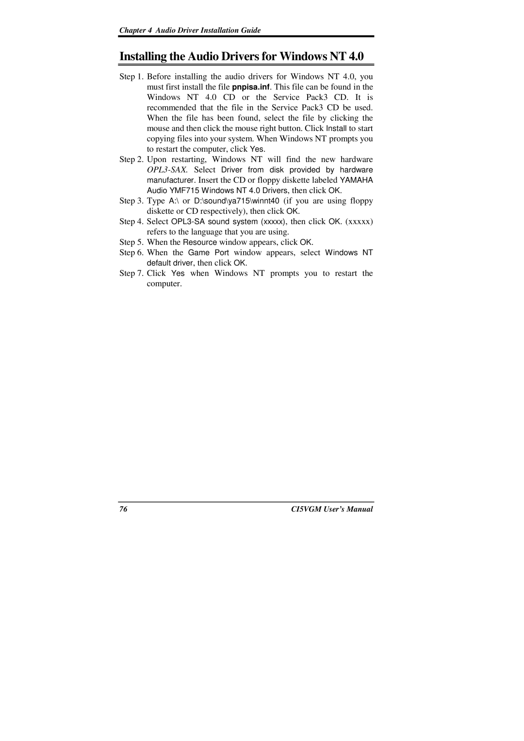 IBM CI5VGM Series user manual Installing the Audio Drivers for Windows NT 