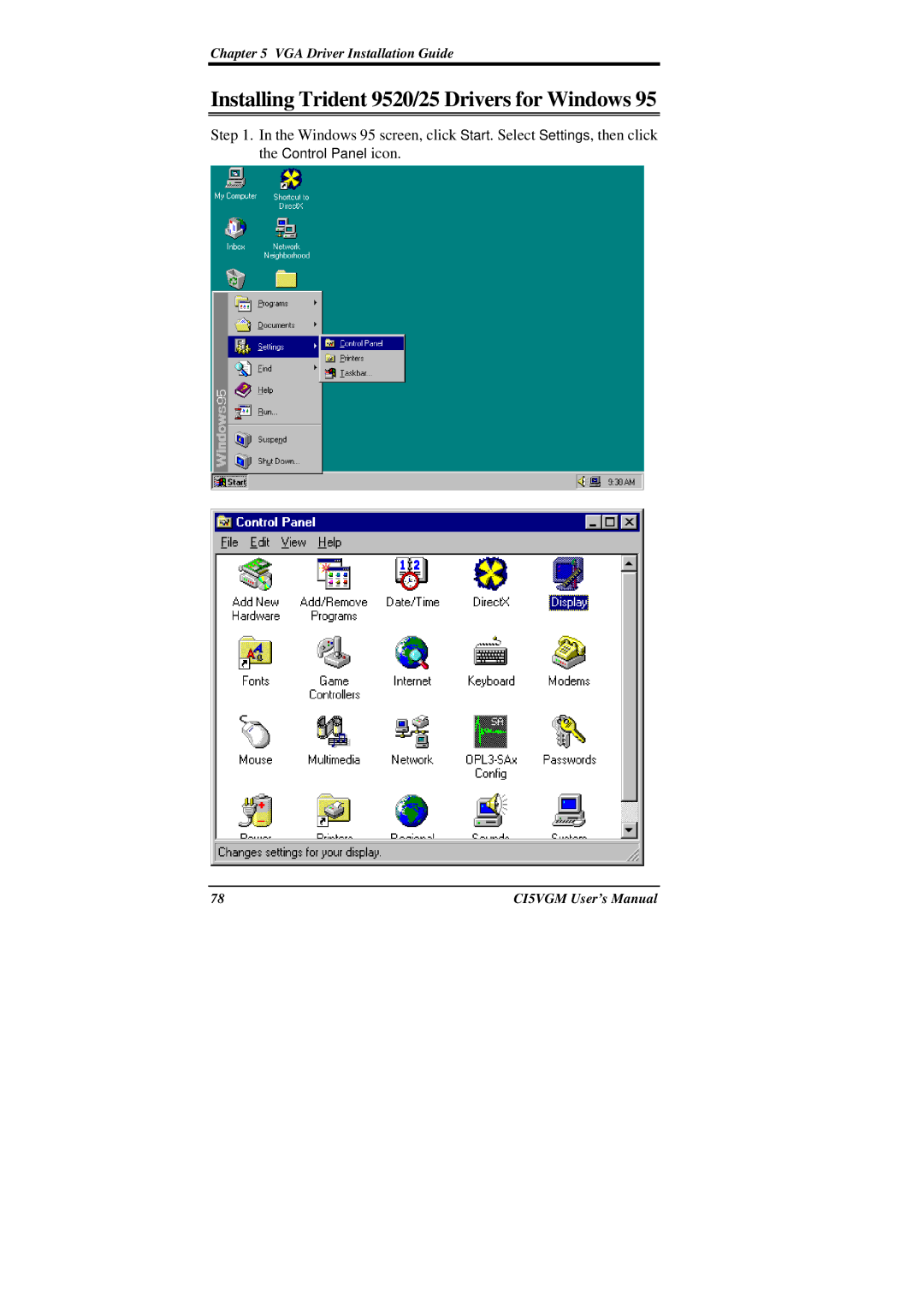 IBM CI5VGM Series user manual Installing Trident 9520/25 Drivers for Windows 