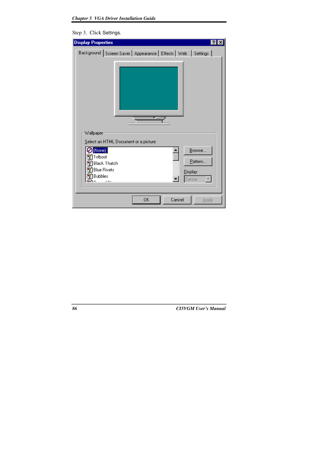 IBM CI5VGM Series user manual Click Settings 