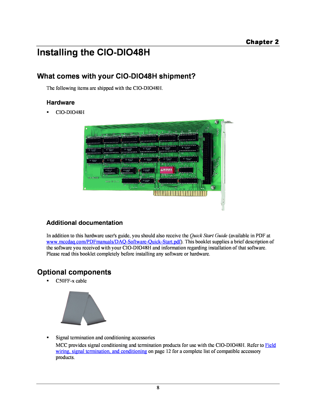 IBM manual Installing the CIO-DIO48H, What comes with your CIO-DIO48H shipment?, Optional components, Hardware, Chapter 