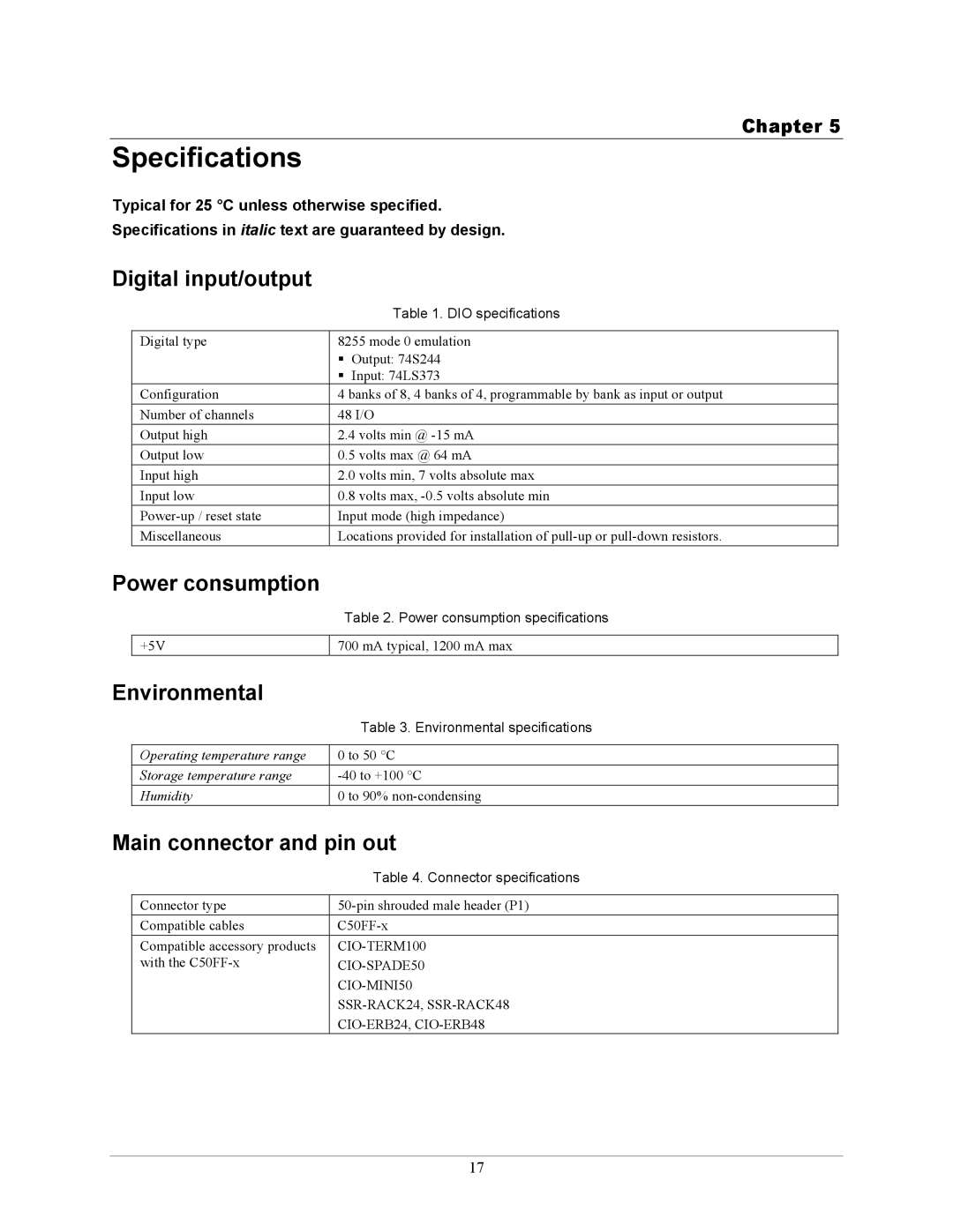 IBM CIO-DIO48H manual Specifications, Digital input/output, Power consumption, Environmental, Main connector and pin out 