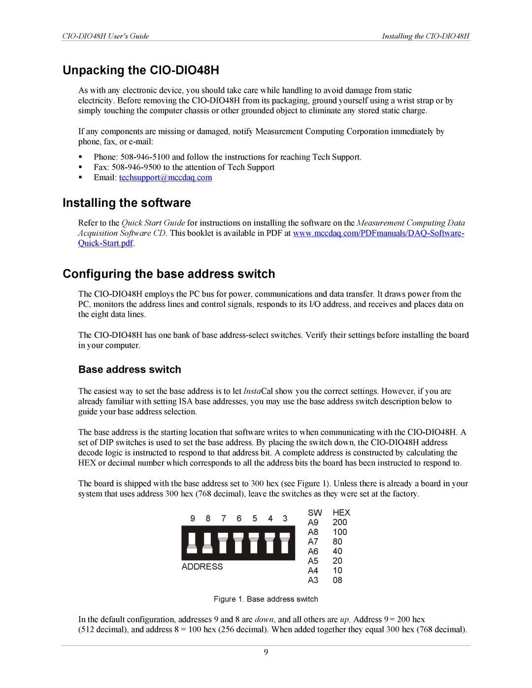 IBM manual Unpacking the CIO-DIO48H, Installing the software Configuring the base address switch 