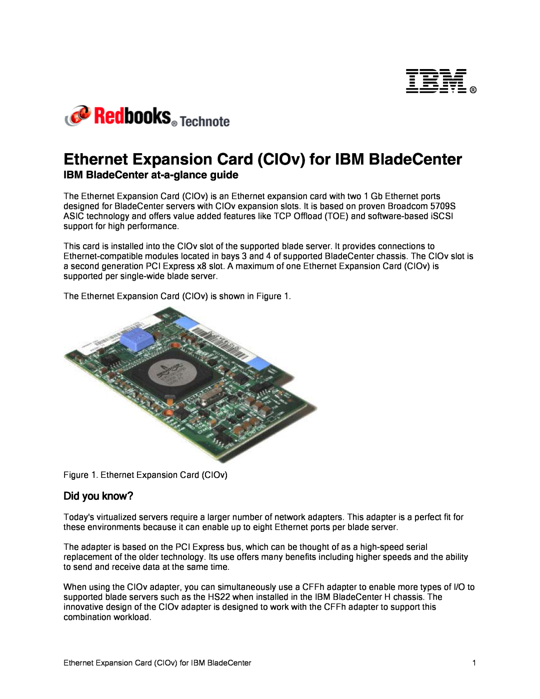 IBM manual Ethernet Expansion Card CIOv for IBM BladeCenter, Did you know?, IBM BladeCenter at-a-glance guide 