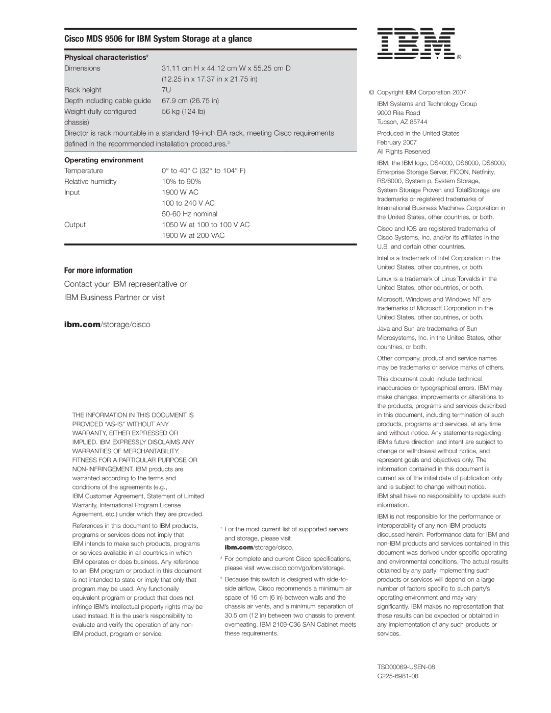 IBM Cisco MDS 9506 manual For more information, Physical characteristics2, Operating environment 