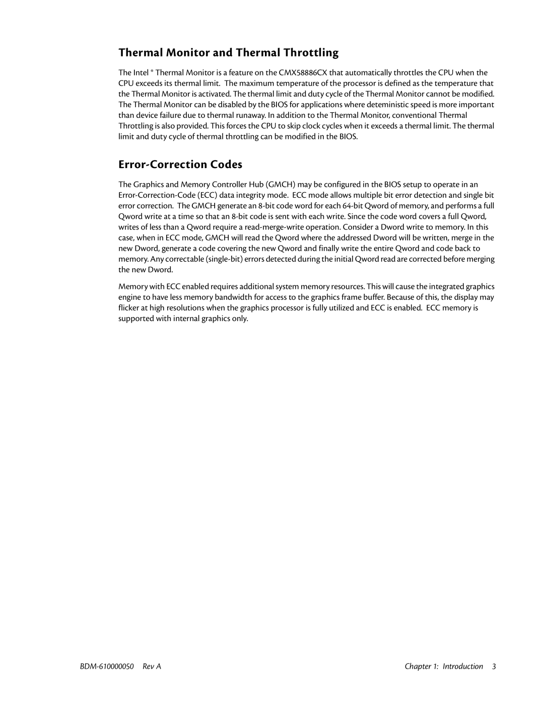 IBM CMX58886CX user manual Thermal Monitor and Thermal Throttling, Error-Correction Codes 