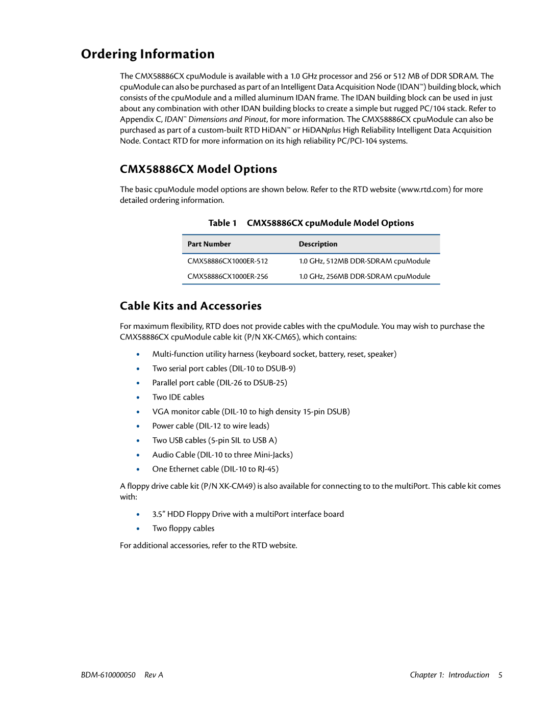 IBM Ordering Information, CMX58886CX Model Options, Cable Kits and Accessories, CMX58886CX cpuModule Model Options 