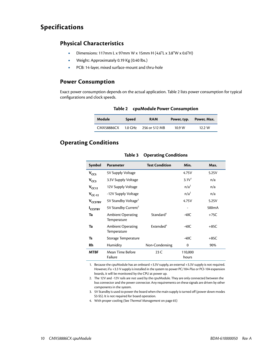 IBM CMX58886CX user manual Specifications, Physical Characteristics, Power Consumption, Operating Conditions 