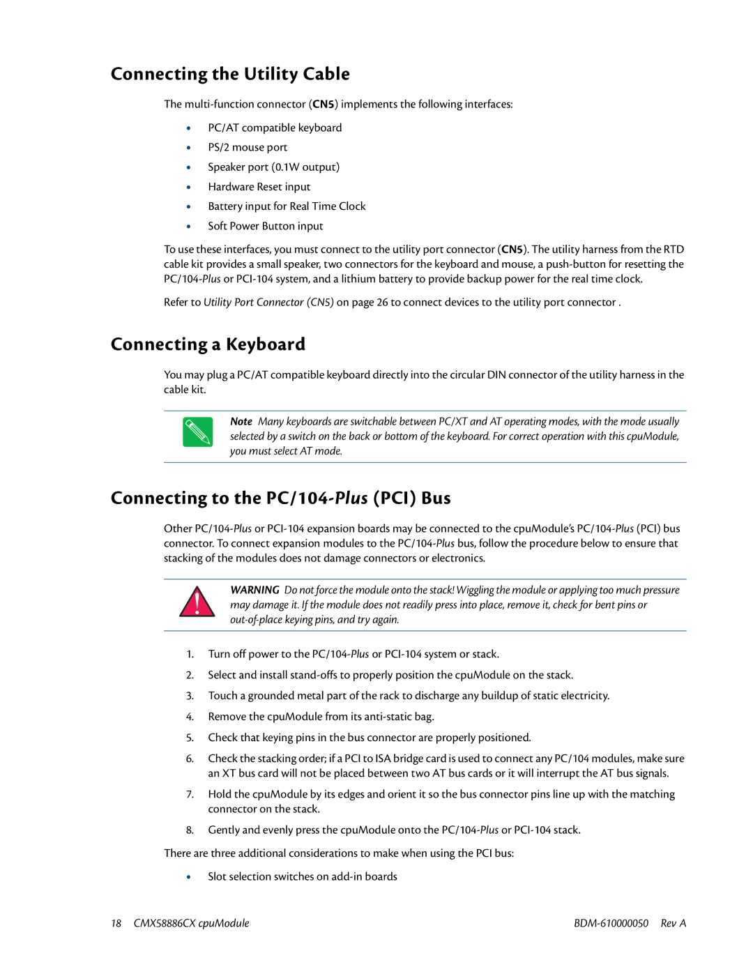 IBM CMX58886CX user manual Connecting the Utility Cable, Connecting a Keyboard, Connecting to the PC/104-PlusPCI Bus 