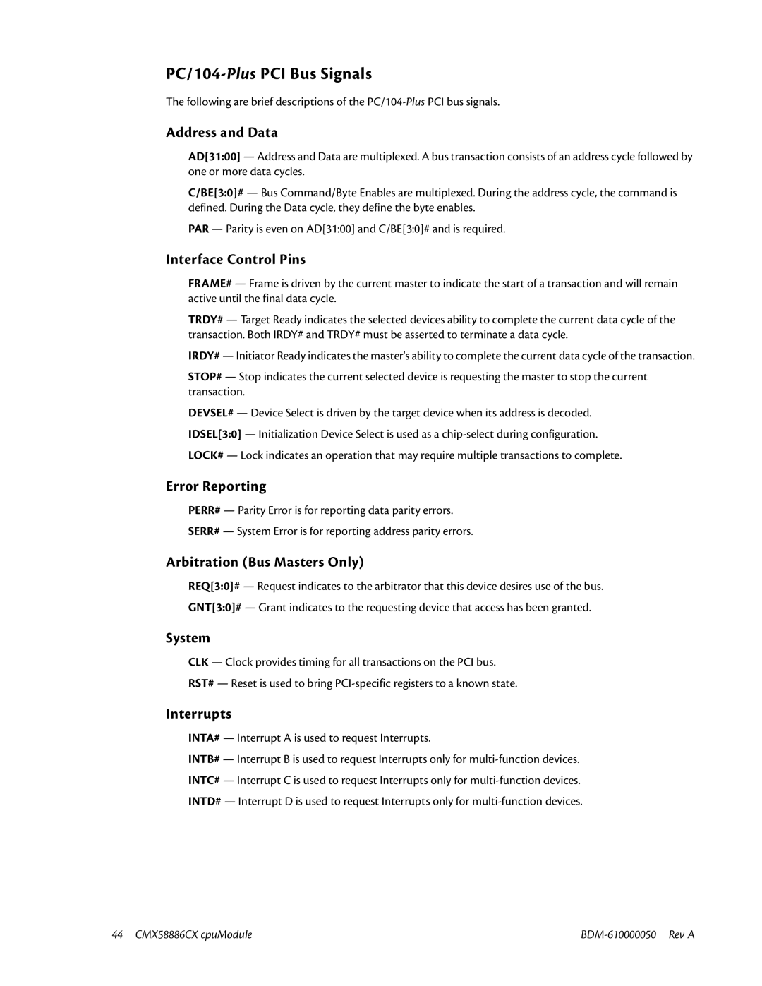 IBM CMX58886CX user manual PC/104-PlusPCI Bus Signals, Address and Data 