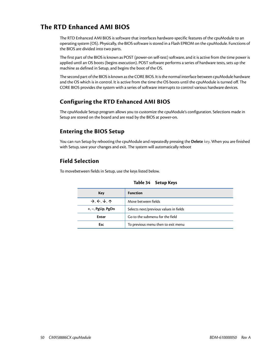 IBM CMX58886CX user manual Configuring the RTD Enhanced AMI Bios, Entering the Bios Setup, Field Selection, Setup Keys 