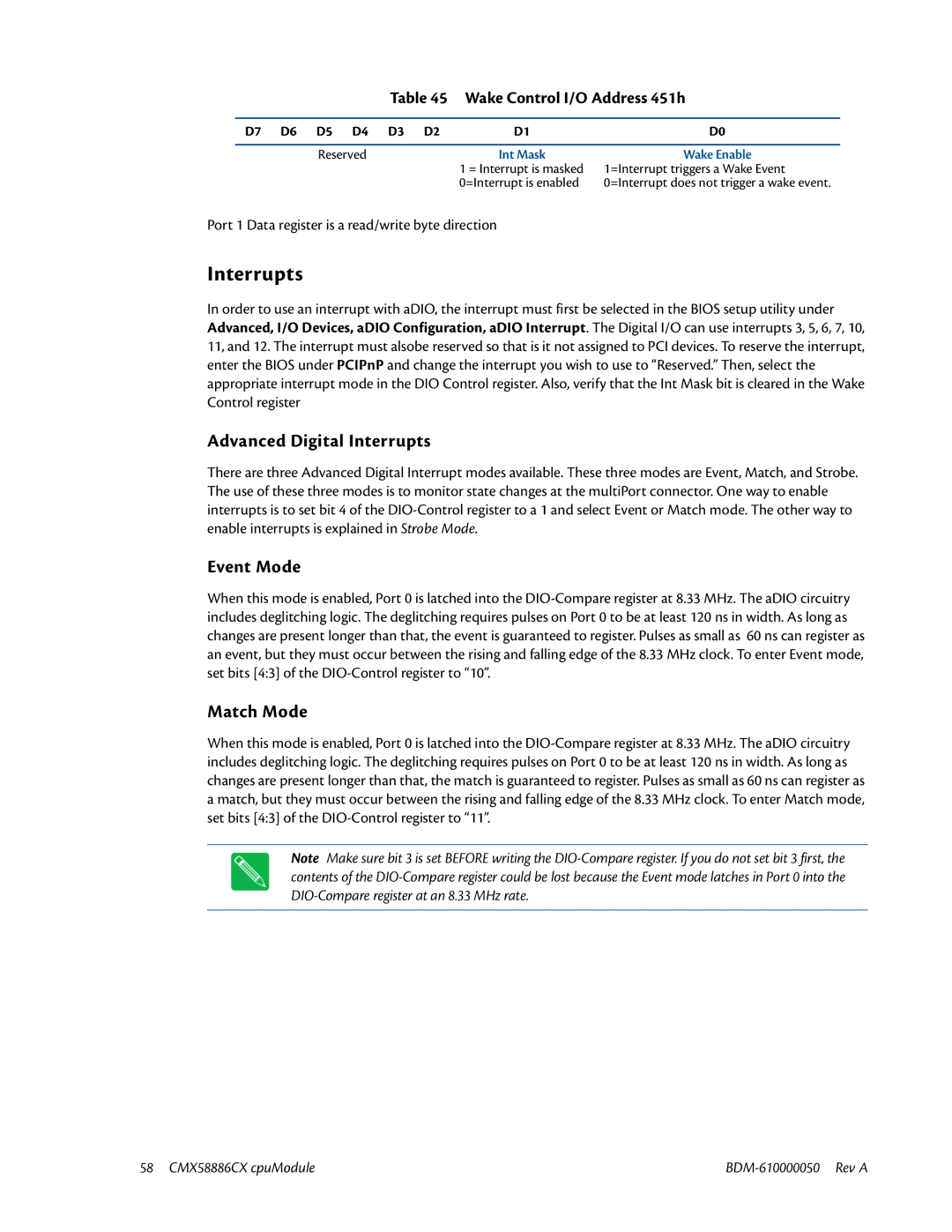 IBM CMX58886CX Interrupts, Wake Control I/O Address 451h, =Interrupt triggers a Wake Event, =Interrupt is enabled 