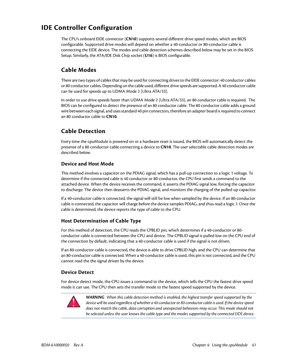 IBM CMX58886CX user manual IDE Controller Configuration, Cable Modes, Cable Detection 