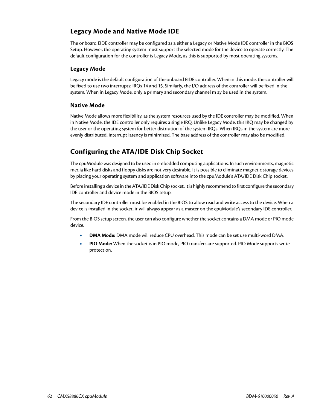 IBM CMX58886CX user manual Legacy Mode and Native Mode IDE, Configuring the ATA/IDE Disk Chip Socket 