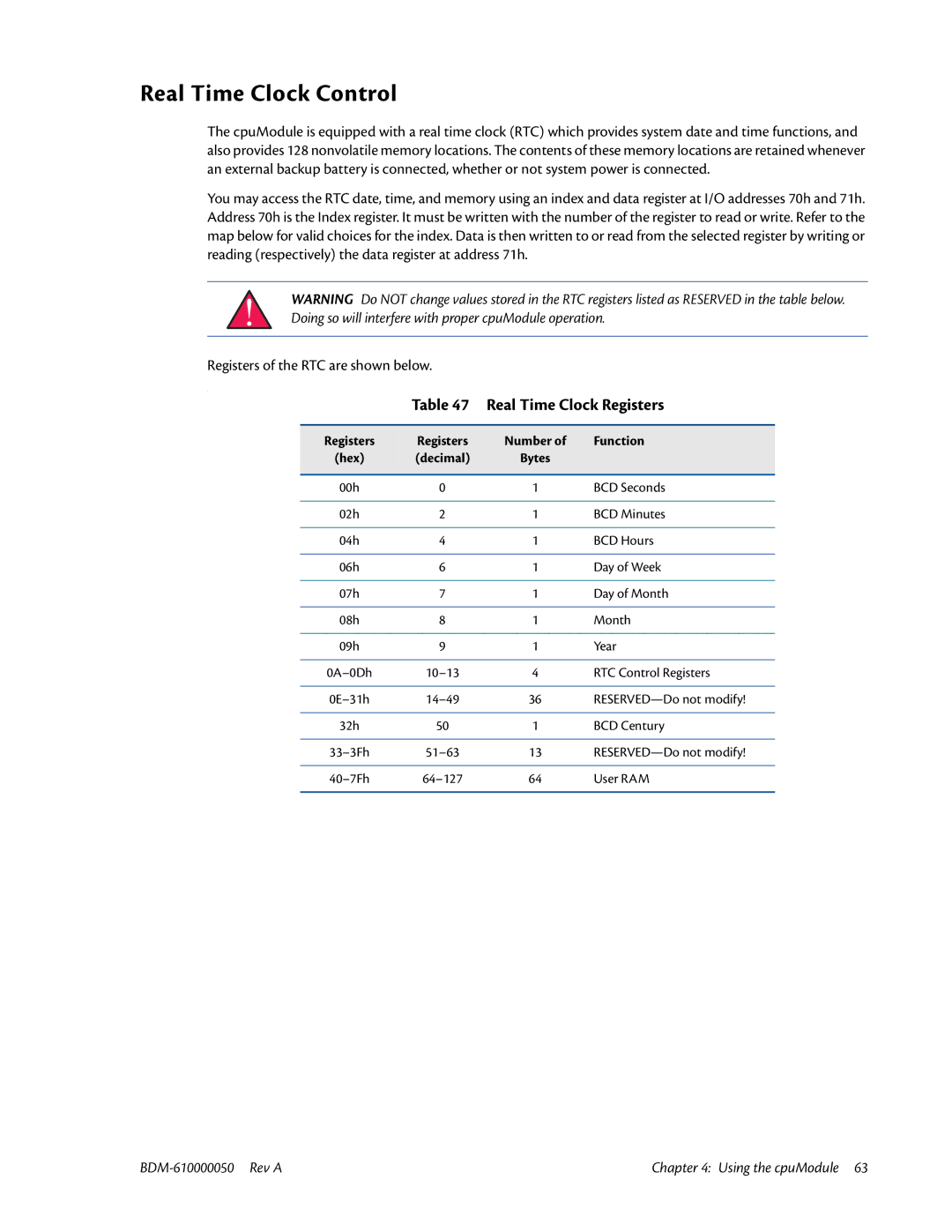 IBM CMX58886CX user manual Real Time Clock Control, Real Time Clock Registers, Registers Number Function 