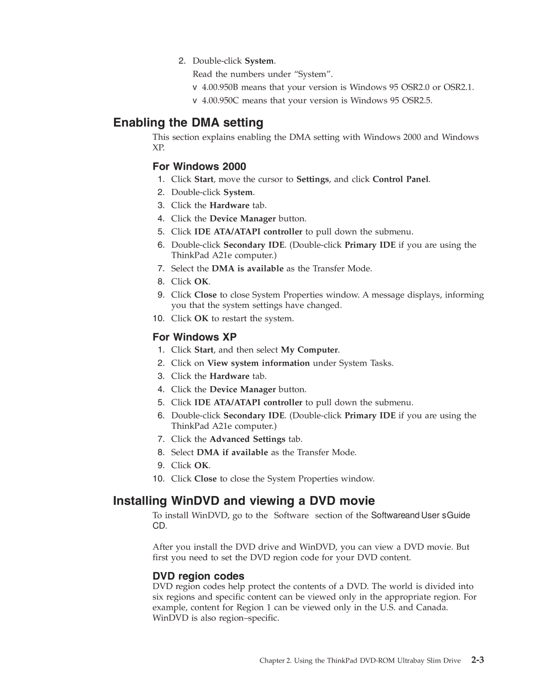 IBM Computer Drive Enabling the DMA setting, Installing WinDVD and viewing a DVD movie, Click the Advanced Settings tab 