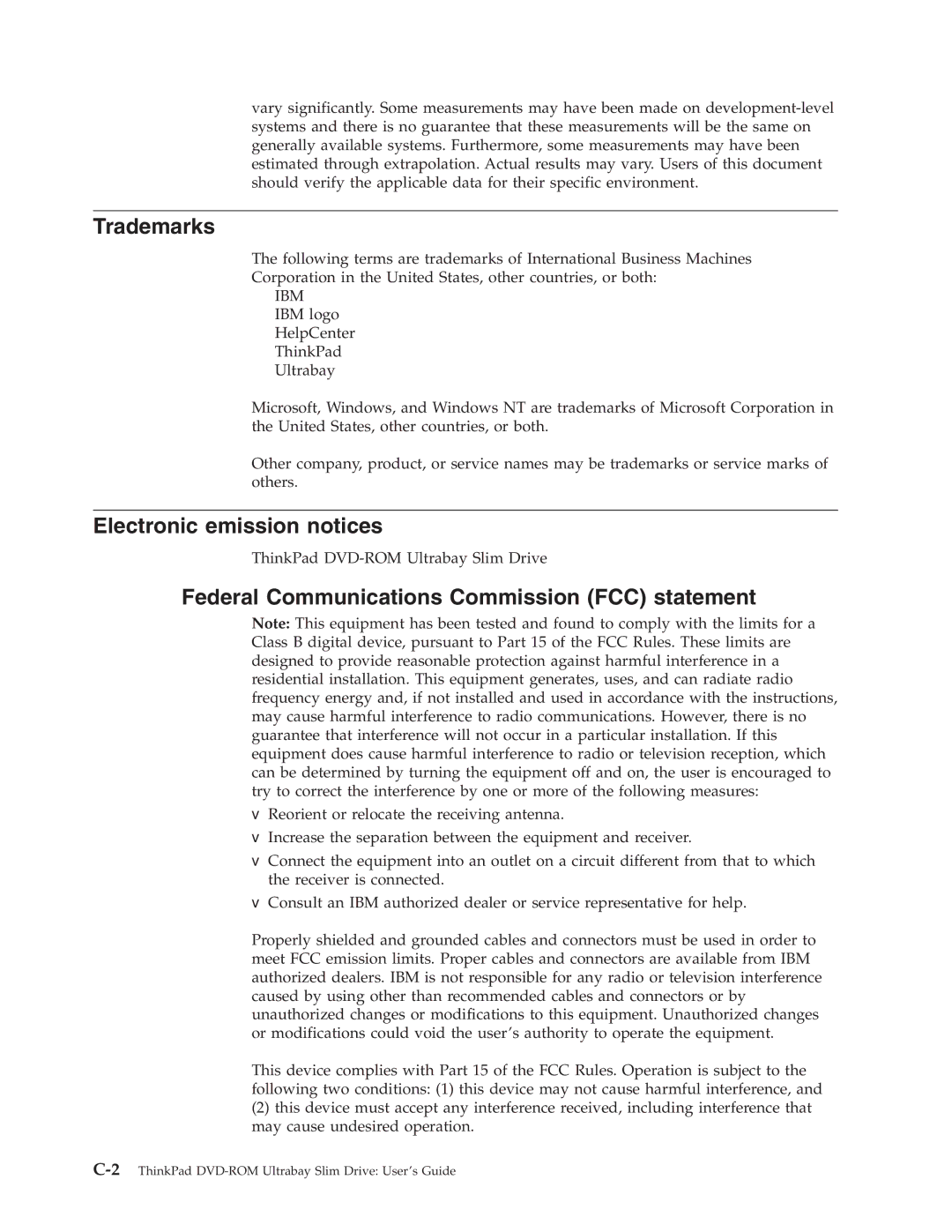 IBM Computer Drive manual Trademarks, Electronic emission notices, Federal Communications Commission FCC statement 