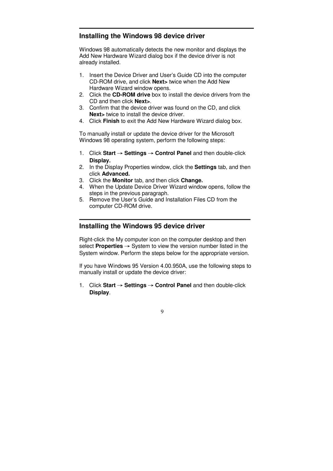 IBM Computer Monitor manual Installing the Windows 98 device driver, Installing the Windows 95 device driver 