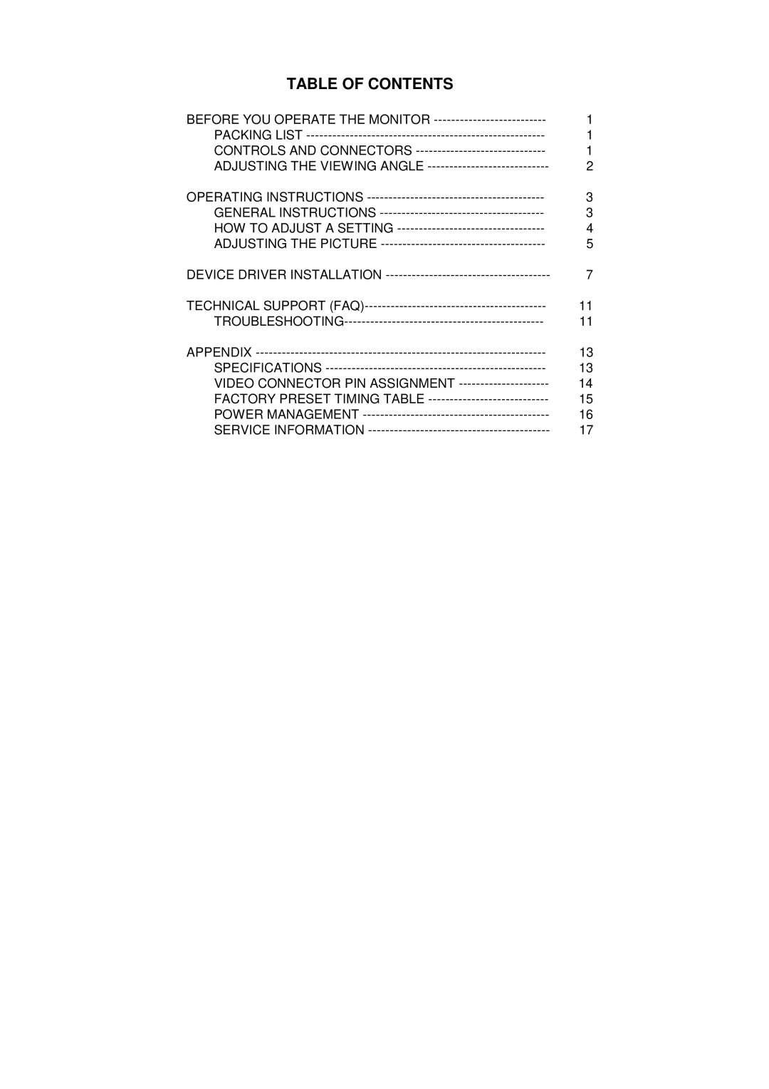 IBM Computer Monitor manual Table of Contents 