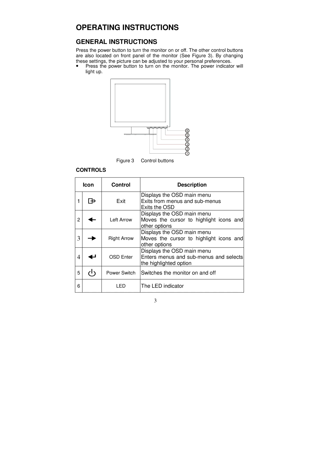 IBM Computer Monitor manual General Instructions, Controls, Icon Control Description 