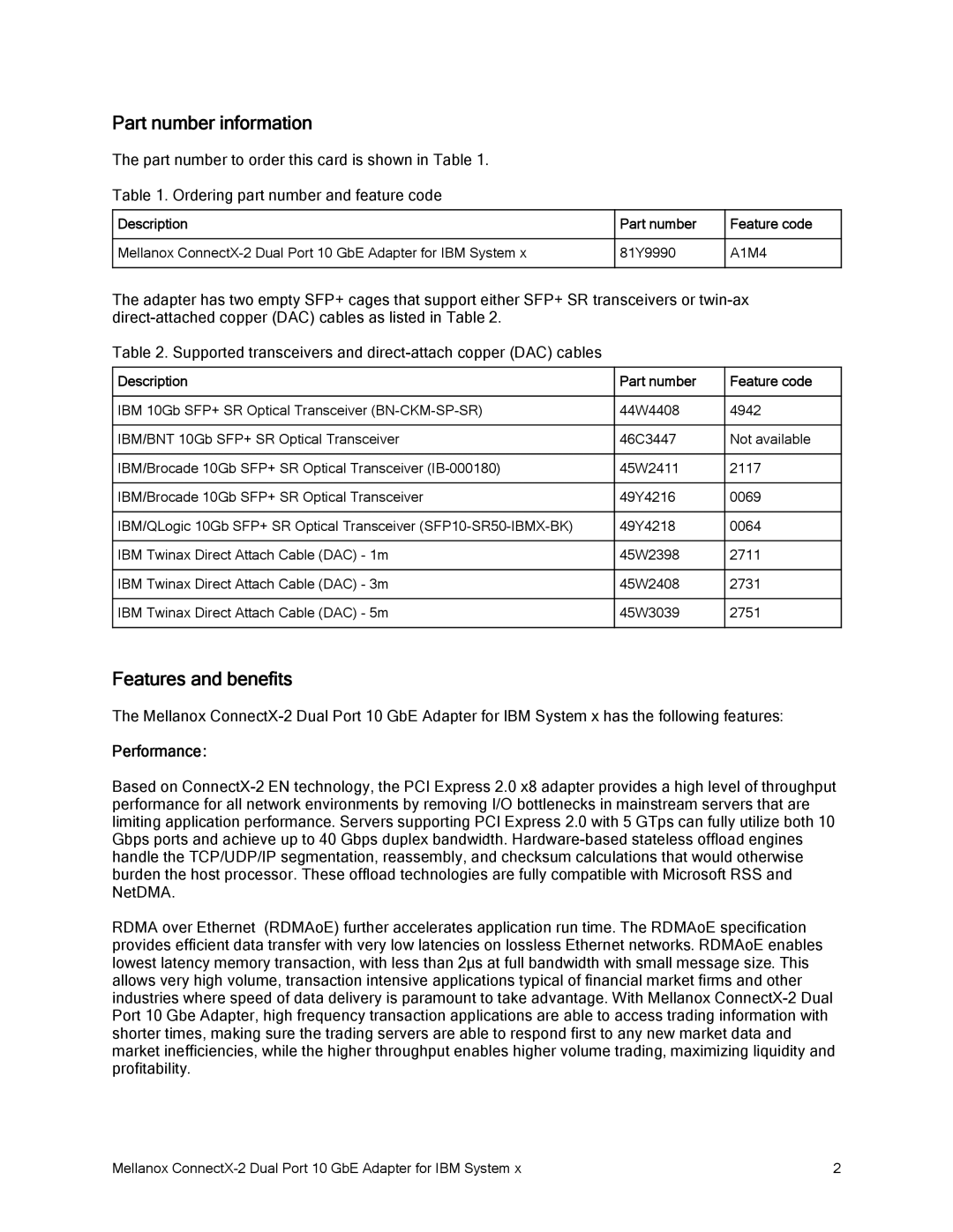 IBM CONNECTX-2 manual Part number information, Features and benefits, Performance 