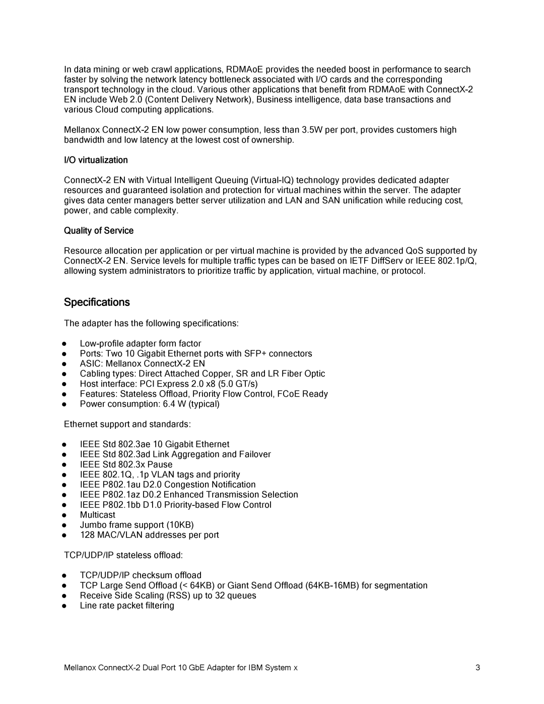 IBM CONNECTX-2 manual Specifications, Virtualization, Quality of Service 