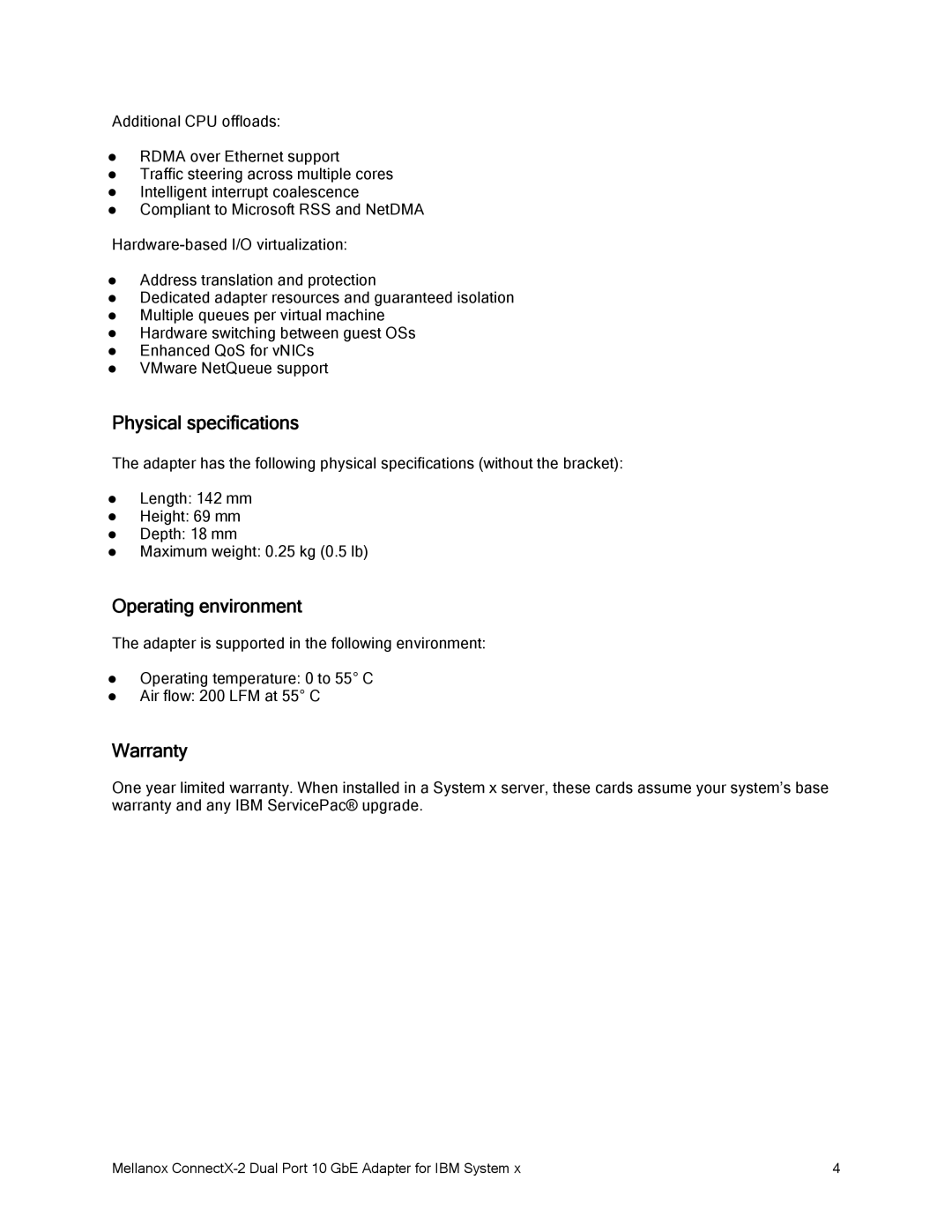 IBM CONNECTX-2 manual Physical specifications, Operating environment, Warranty 