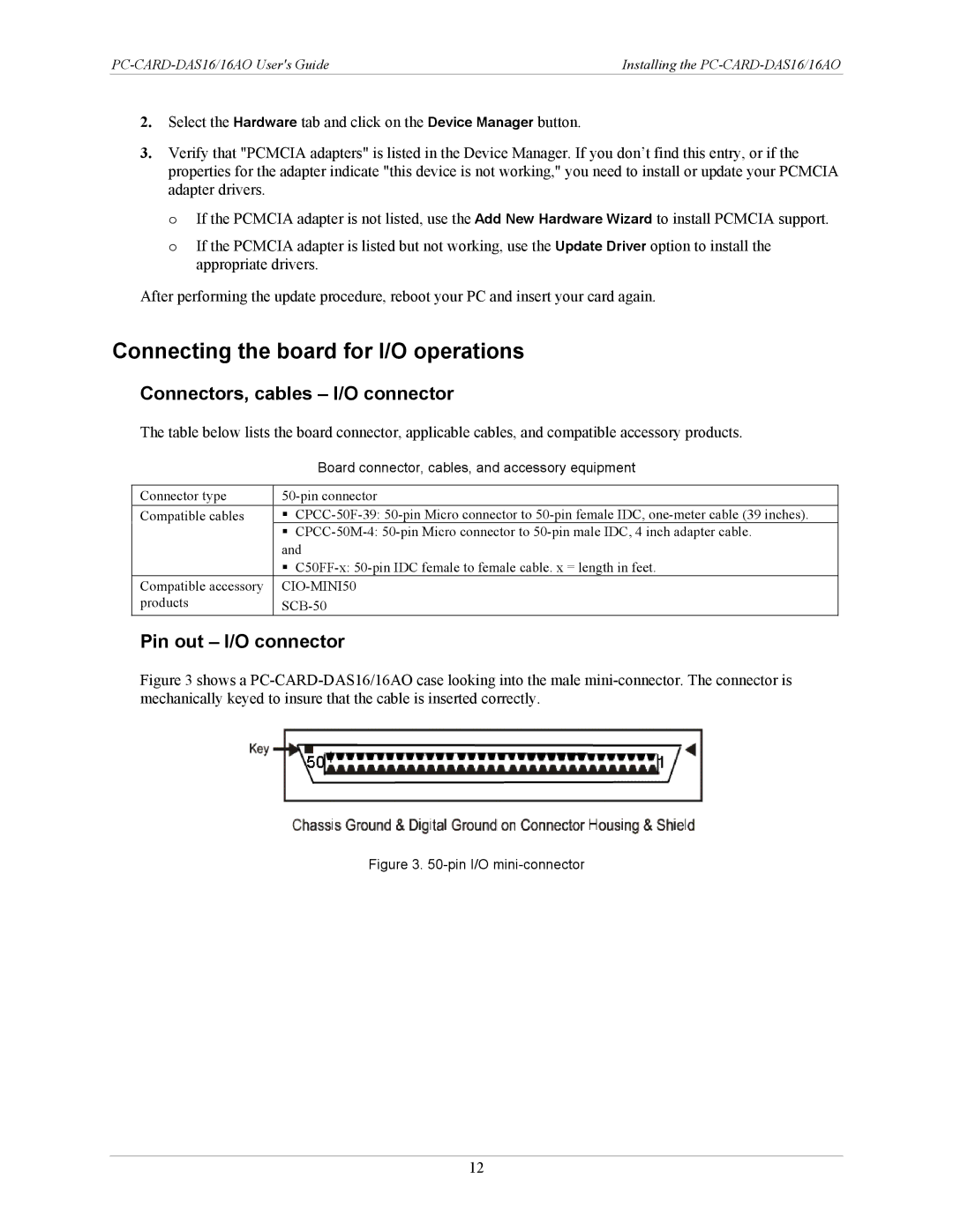 IBM DAS16AO manual Connecting the board for I/O operations, Connectors, cables I/O connector, Pin out I/O connector 