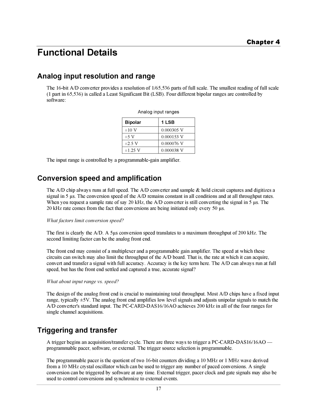 IBM DAS16 Functional Details, Analog input resolution and range, Conversion speed and amplification, Analog input ranges 