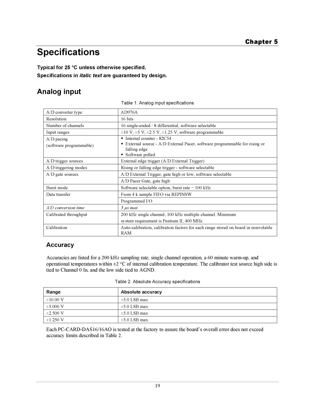 IBM DAS16AO manual Specifications, Analog input specifications, Absolute Accuracy specifications 